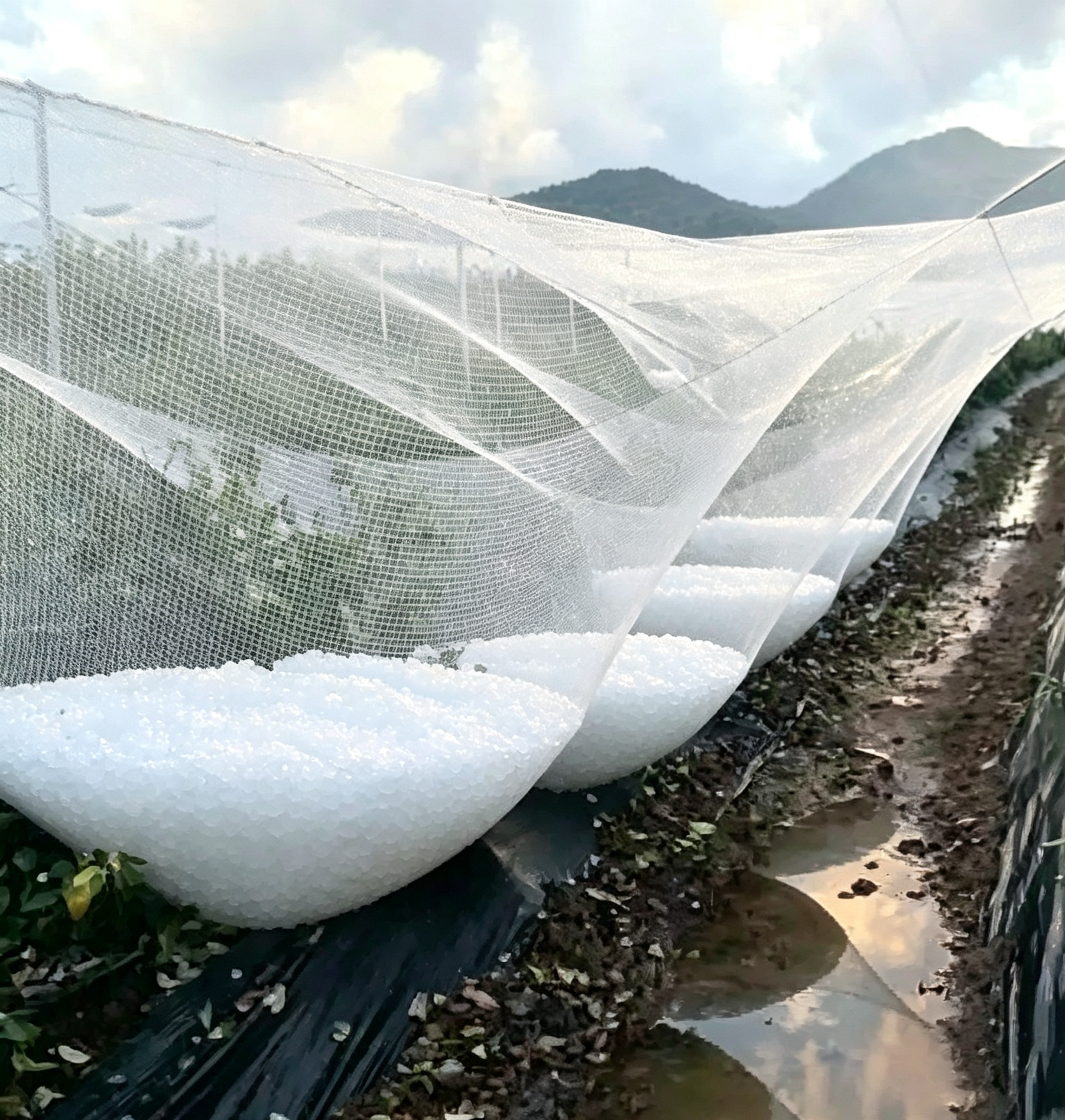 Reinforced anti-hail net mesh material close-up