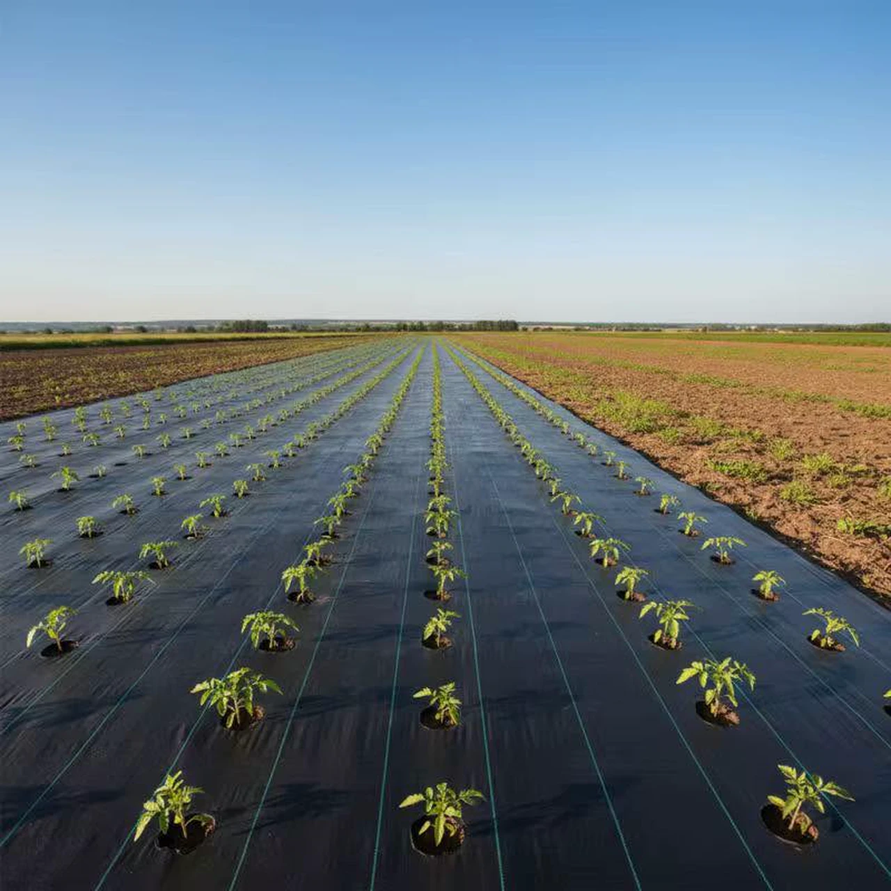 Agricultural mulch film installed across commercial crop rows