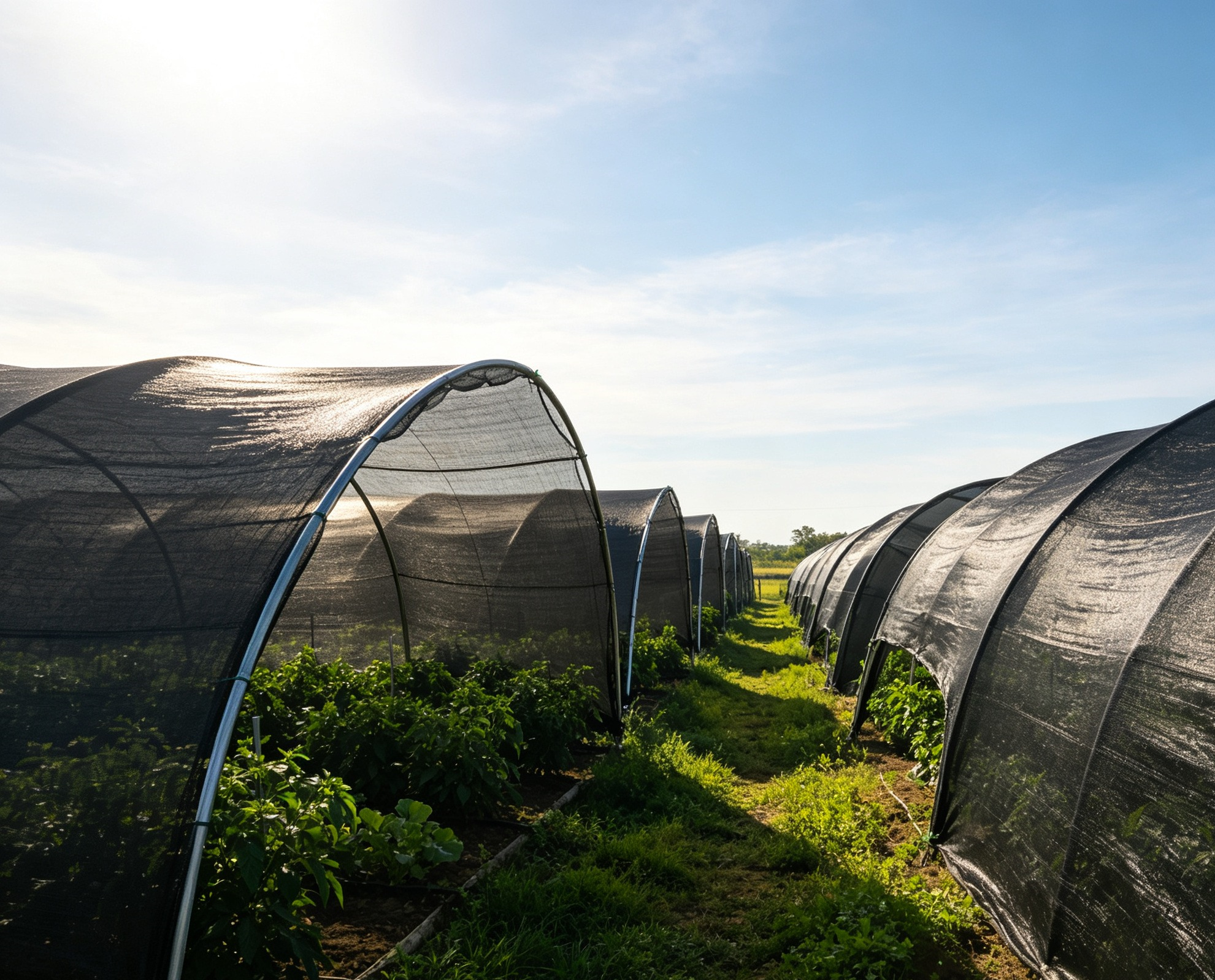 Agricultural shade net installed over a commercial greenhouse