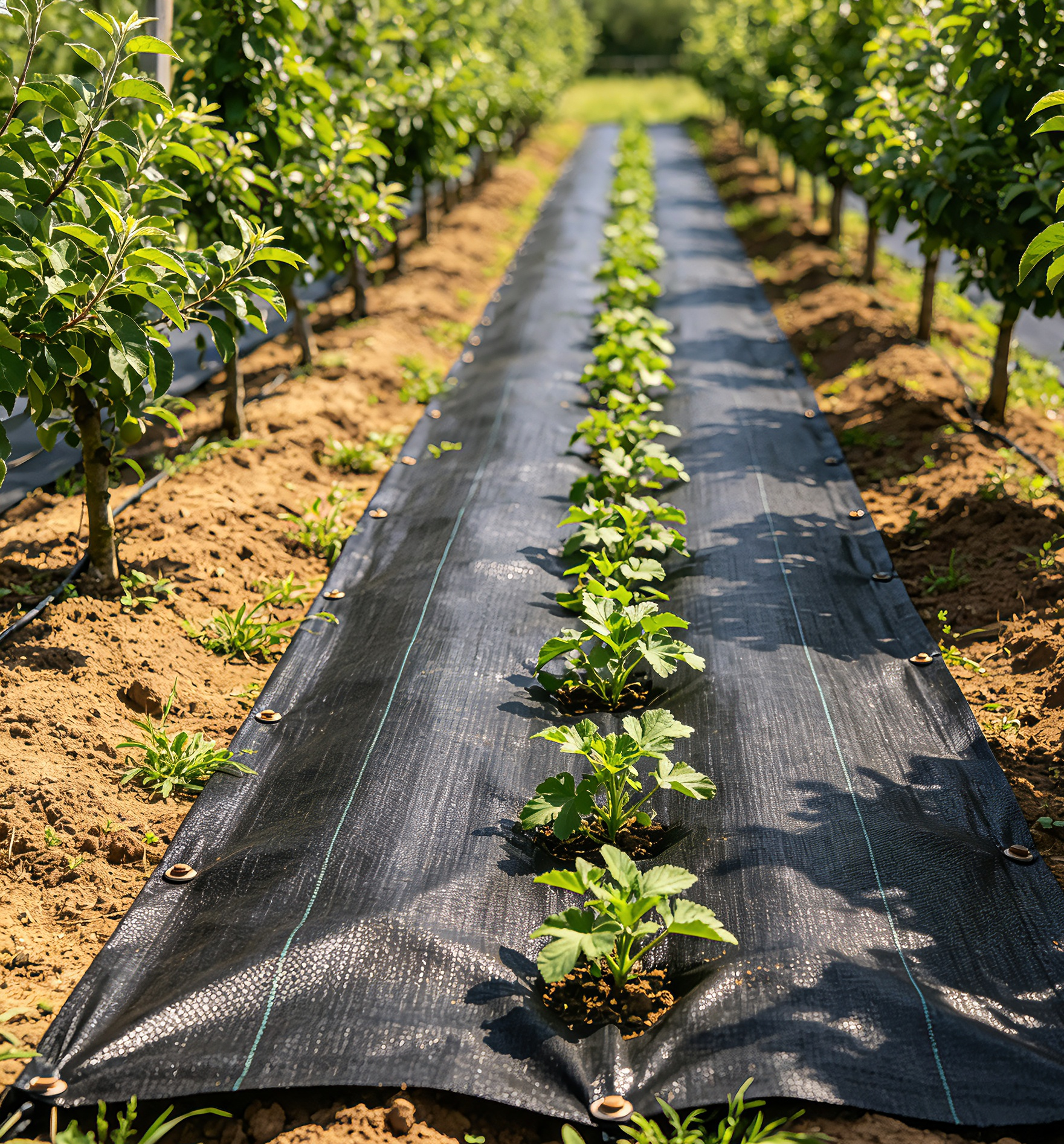 Woven weed mat ground cover installed in commercial agriculture